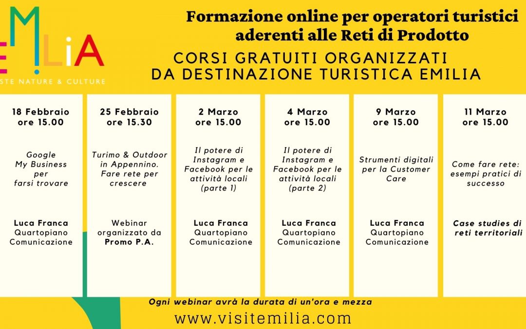 Destinazione Turistica Emilia: incontri formativi online per gli aderenti alle Reti di Prodotto
